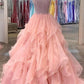 One Shoulder A-line Peach Beaded Flouncing Long Prom Dress