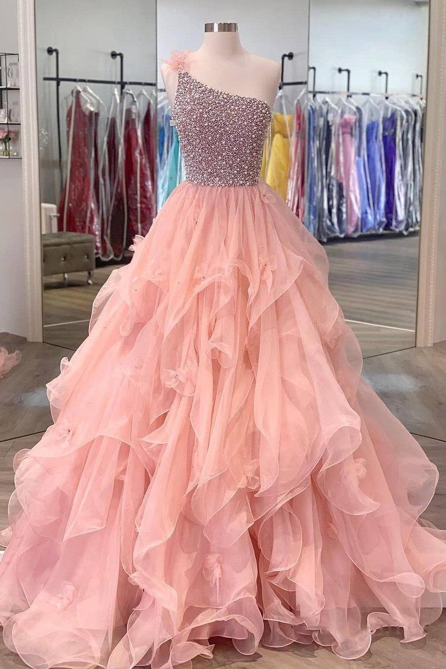 One Shoulder A-line Peach Beaded Flouncing Long Prom Dress