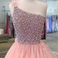 One Shoulder A-line Peach Beaded Flouncing Long Prom Dresses