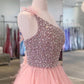 One Shoulder A-line Peach Beaded Flouncing Long Prom Dresses