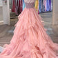 One Shoulder A-line Peach Beaded Flouncing Long Prom Dresses