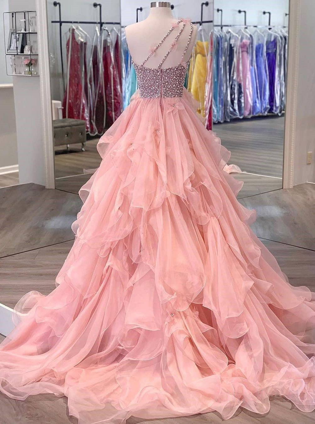 Peach Peach Ruffled Gown by HER CLOSET for rent online | FLYROBE