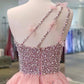 One Shoulder A-line Peach Beaded Flouncing Long Prom Dresses