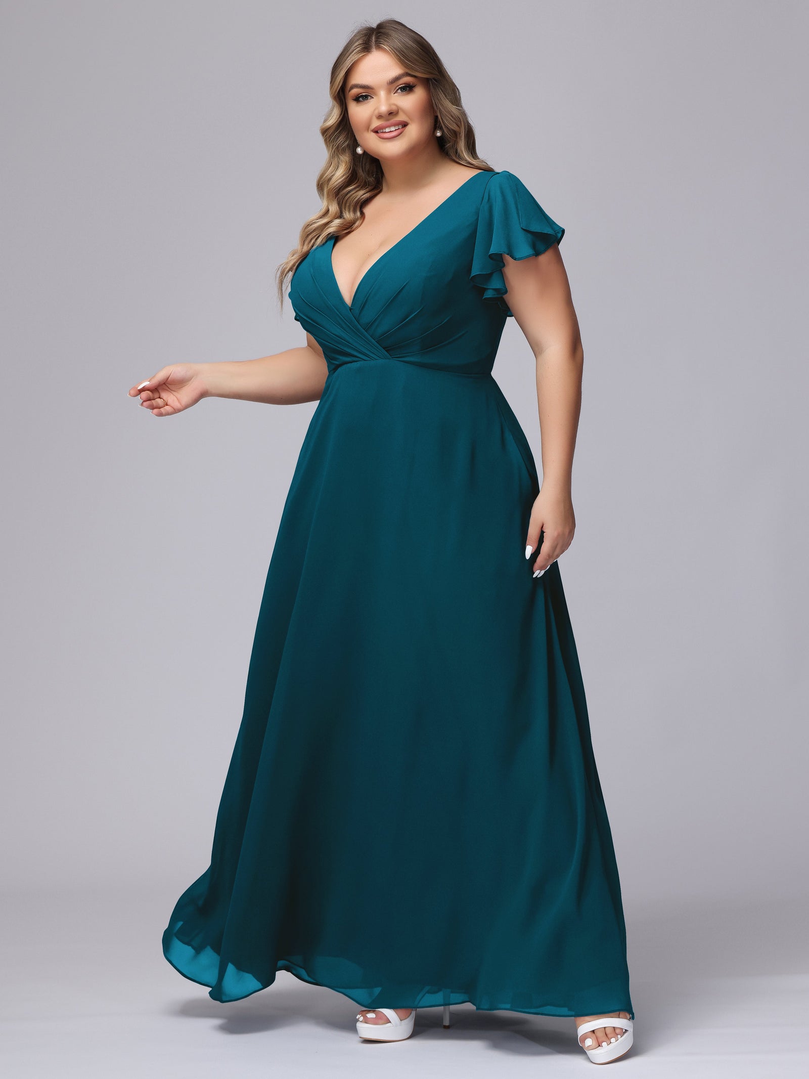 Short Chiffon Bridesmaid Dress with V Neck Chocolate Plus Size