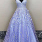 Lavender Spaghetti Straps Lace Floral A-line Formal Gowns Long Prom Dresses