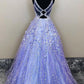 Lavender Spaghetti Straps Lace Floral A-line Formal Gowns Long Prom Dresses