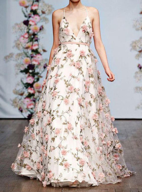 Sexy Spaghetti Straps A-line Long Satin Floral Formal Dresses For Women main image 1