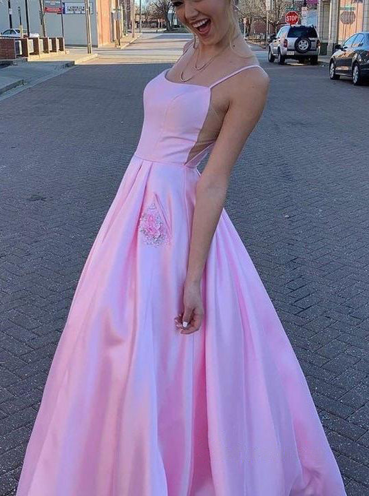 Simple Pink A-line Spaghetti Straps Satin Long Prom Dresses