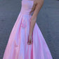 Simple Pink A-line Spaghetti Straps Satin Long Prom Dress