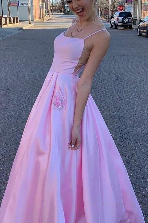 Simple Pink A-line Spaghetti Straps Satin Long Prom Dress