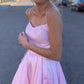 Simple Pink A-line Spaghetti Straps Satin Long Prom Dresses