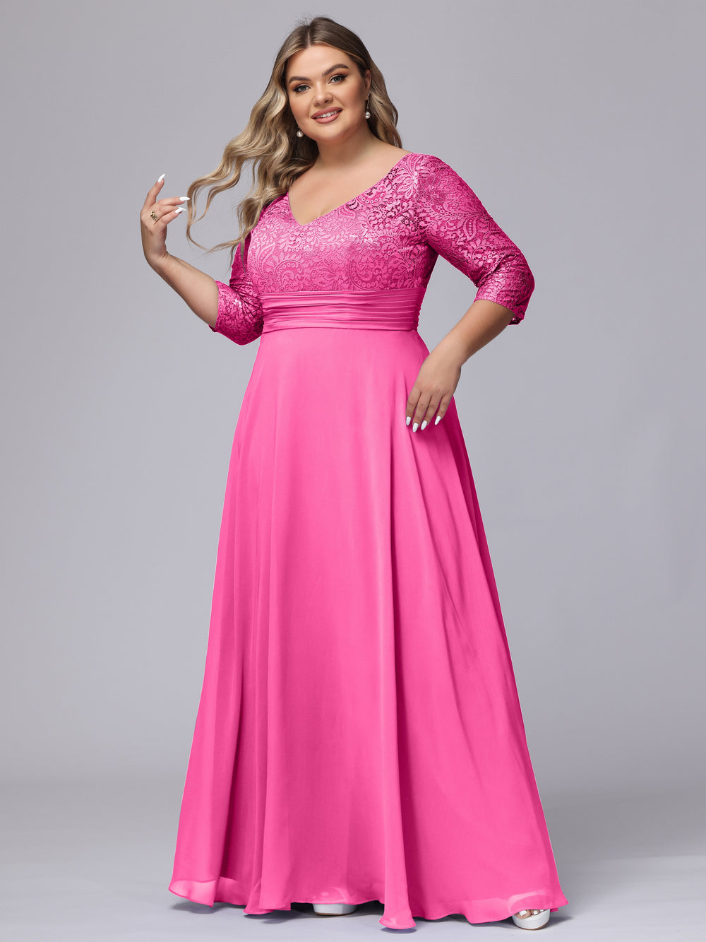 A Line/Princess Deep V-Neck Short Sleeves Floor-Length Chiffon Plus Size Bridesmaid Dresses with Ruched main image 1