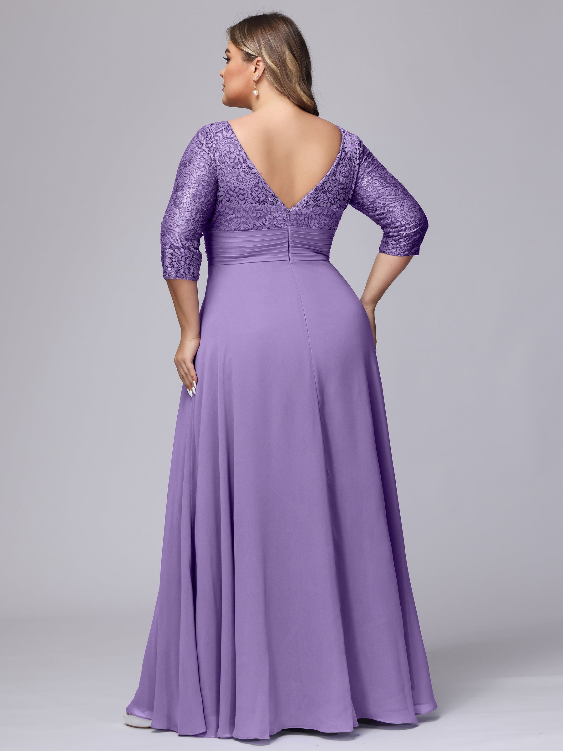 A-line V-Neck 3/4 Sleeves Lace Chiffon Plus Size Bridesmaid Dresses