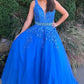 A Line Tulle Prom Dresses with Applique Royal Blue Beading Formal Dresses Fashion School Dance Dresses