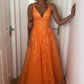 A Line V Neck Backless Lace Appliques Formal Dresses Orange Prom Dresses