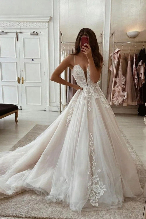 V-neck Side Slit Tulle Straps Appliques A-line Wedding Dress main image 1