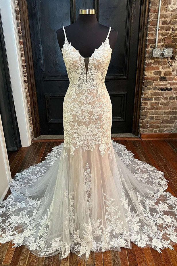 Tulle Mermaid Deep V Neck Lace Appliques Wedding Dresses With Train, PW442