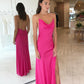 Simple Hot Pink Criss Cross Long Evening Dresses Silk Satin Prom Dresses With Slit