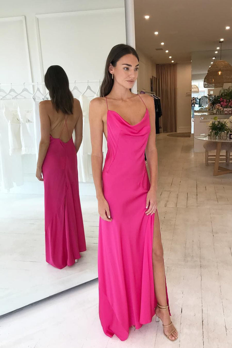 Simple Hot Pink Criss Cross Long Evening Dresses Silk Satin Prom Dress