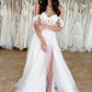 Charming A Line Off the Shoulder Tulle Wedding Dresses with Slit