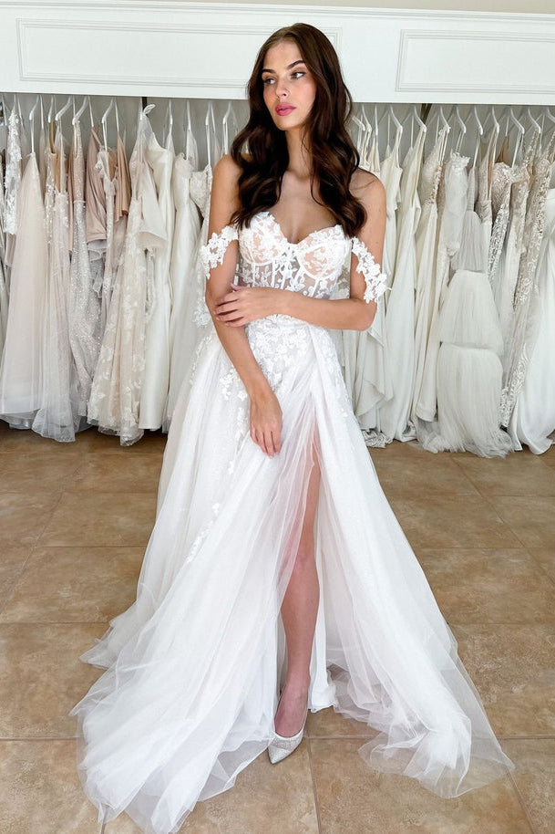 Charming A Line Off the Shoulder Tulle Wedding Dresses with Slit