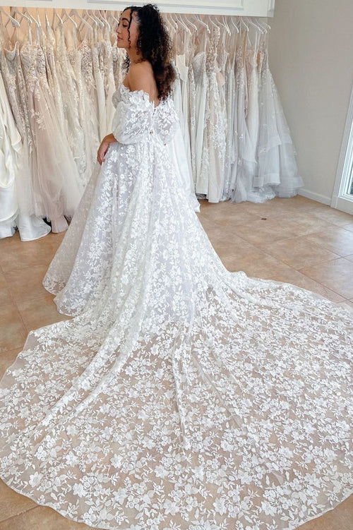 Elegant Long White A-line Sweetheart Off-the-shoulder Lace Wedding Dress