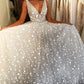 White V Neck Sleeveless Glitter Sparkly Long Wedding Dresses Floor Length Prom Dresses