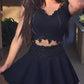 Two Pieces V-neck Black Cap Sleeve Homecoming Dresses