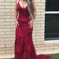 Charming Burgundy Mermaid Spaghetti Straps Lace Sweep Train Prom Dress P818 - Ombreprom