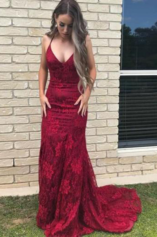 Charming Burgundy Mermaid Spaghetti Straps Lace Sweep Train Prom Dress P818 - Ombreprom