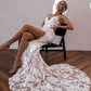 Luxurious Mermaid V Neck Lace Wedding Dresses with Slit