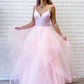 Spaghetti Straps Evening Dresses A Line Pink Tulle Long Prom Dresses With Ruffles