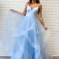 Spaghetti Straps Evening Dresses A Line Pink Tulle Long Prom Dresses With Ruffles