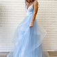 Spaghetti Straps Evening Dresses A Line Pink Tulle Long Prom Dresses With Ruffles