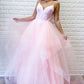 Spaghetti Straps Evening Dresses A Line Pink Tulle Long Prom Dresses With Ruffles