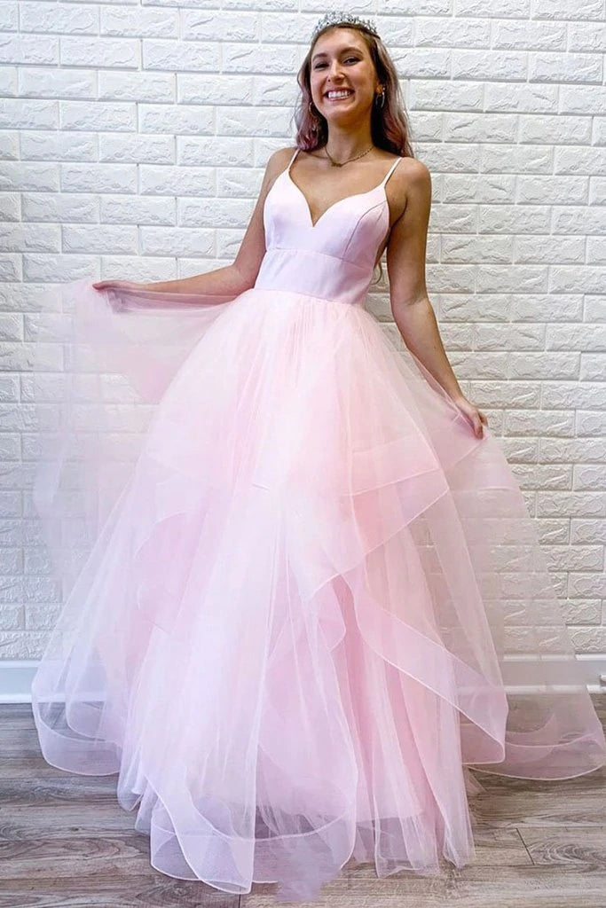 Spaghetti Straps Evening Dresses A Line Pink Tulle Long Prom Dresses With Ruffles