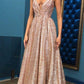 Big Swing Elegant Maxi Dresses Golden Sequin Glitter Sparkly V-neck Floor Length Prom Dresses