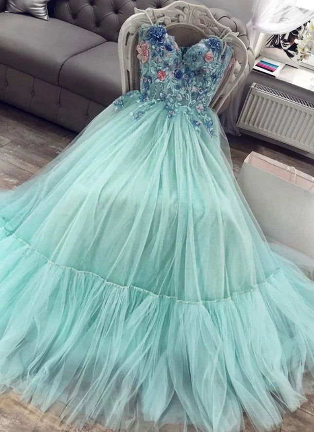 A Line Mint Green Sweetheart Tulle Appliques Long Prom Dresses