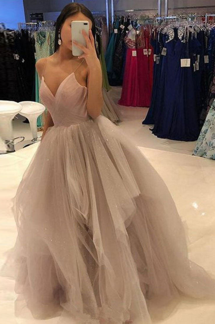Dusty Rose V-Neck Tulle Stylish Spaghetti Straps Formal Evening Dresses Long Puffy Prom Gown
