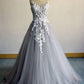 Silver Grey A Line Lace Formal Evening Dresses Appliques Tulle Long Prom Dresses