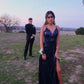 Navy Blue A-Line V-Neck Sequins Evening Party Dresses Long Prom Dresses
