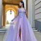 Lilac V-Neck Split Tulle Appliques Charming A-Line Prom Dresses