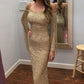 Gold Sequins Mermaid Long Sleeves Formal Dresses Evening Prom Dresses