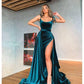 Velvet Peacock A-Line High Split Scoop Neck Long Prom Evening Dresses