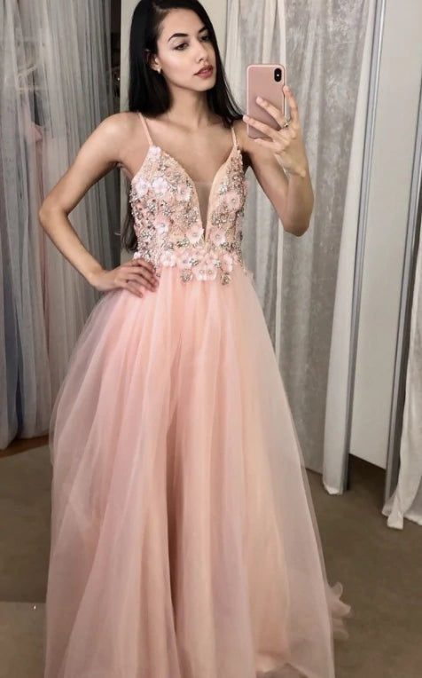 V Neckline A-line Pink Long Prom Dresses Spaghetti Straps Tulle Formal Dresses