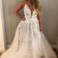 Gorgeous White A-line Appliques Floral Formal Evening Dresses Long Prom Dresses