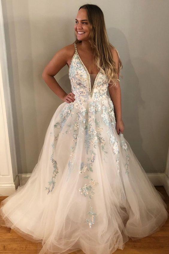 Gorgeous White A-line Appliques Floral Formal Evening Dresses Long Prom Dresses