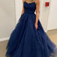 A Line Tulle Lace Appliques Navy Blue Evening Dresses Formal Prom Dresses