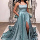 Shinning Blue Spaghetti Straps Prom Dresses With Slit Evening Dresses Graduation School Party Gowns