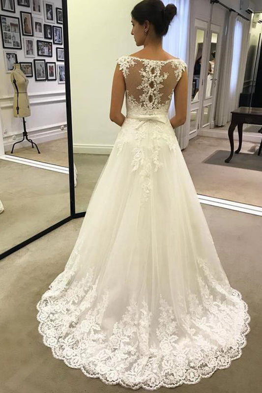 Simple Cap Sleeves Lace Appliques Tulle A Line Wedding Dresses